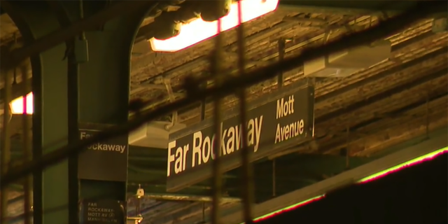 The scene where a 15-year-old shooting victim was dragged from the train at the Far Rockaway Mott Avenue subway station. 