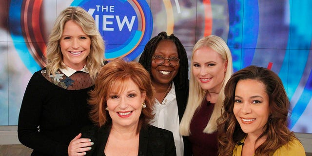 "The View" co-hosts (L-R) Sara Haines, Joy Behar, Whoopi Goldberg, Meghan McCain and Sunny Hostin in 2017 when McCain first started. 