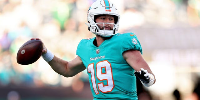 Skylar Thompson, #19, of the Miami Dolphins passes against the New York Jets during the fourth quarter at MetLife Stadium on October 9, 2022, in East Rutherford, New Jersey.