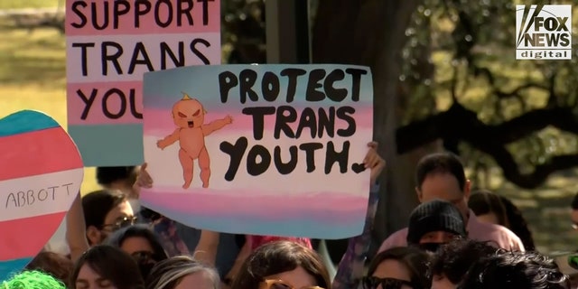 FILE - Demonstrators protest in support of rights for transgender youth.