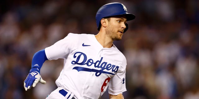 Trea Turner #6 of the Los Angeles Dodgers after hitting a double in the third inning during Game 1 of the National League Division Series against the San Diego Padres on October 11, 2022 at Dodger Stadium in Los Angeles, Calif. , hit a double.