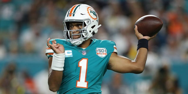 Tua Tagovailoa #1 of the Miami Dolphins throws the ball during the first quarter against the Pittsburgh Steelers at Hard Rock Stadium on October 23, 2022, in Miami Gardens, Florida.