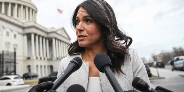 WASHINGTON, DC JANUARY 10: Democratic Presidential candidate Rep. Tulsi Gabbard (D-HI) speaks to reporters at U.S. Capitol after the last votes of the week on January 10, 2020 in Washington, DC. Speaker of the House Nancy Pelosi (D-CA) announced Friday that next week the House will consider a resolution to appoint impeachment managers and transmit the articles of impeachment to the Senate.  