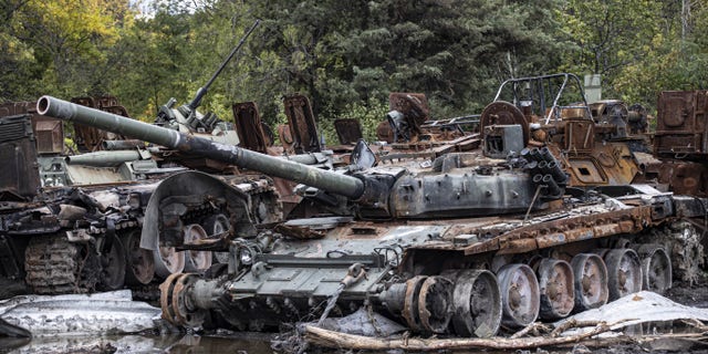 Destroyed Russian armored vehicles left behind by the Russian forces in Izium, Kharkiv, Ukraine on October 02, 2022. (Photo by Metin Aktas/Anadolu Agency via Getty Images)