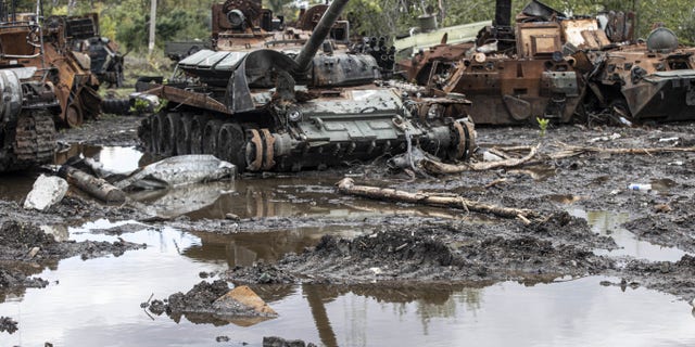 Destroyed Russian armored vehicles left by Russian forces in Izium, Kharkiv Oblast, Ukraine, October 2, 2022. 