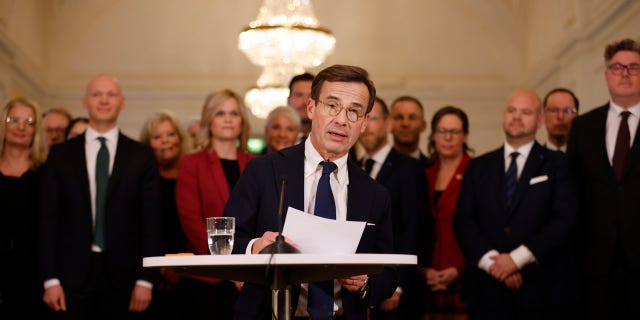 Incoming Swedish Prime Minister Ulf Kristersson introduces his new cabinet ministers in Stockholm, on Oct. 18, 2022.