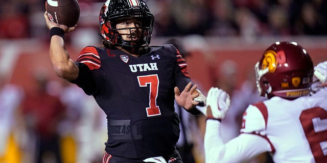 Utah quarterback Cameron Rising (7) throws a pass against Southern California during the second half of an NCAA college football game Saturday, Oct. 15, 2022, in Salt Lake City.