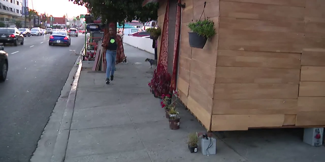 A homeless man has constructed a wood home in the middle of a sidewalk on Hollywood Boulevard in Los Angeles.