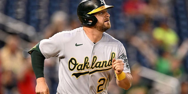 Stephen Vogt of the Oakland Athletics runs to first against the Washington Nationals on Sept. 1, 2022, at Nationals Park in Washington, D.C.