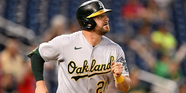 Stephen Vogt of the Oakland Athletics runs to first against the Washington Nationals on September 1, 2022 at Nationals Park in Washington, DC