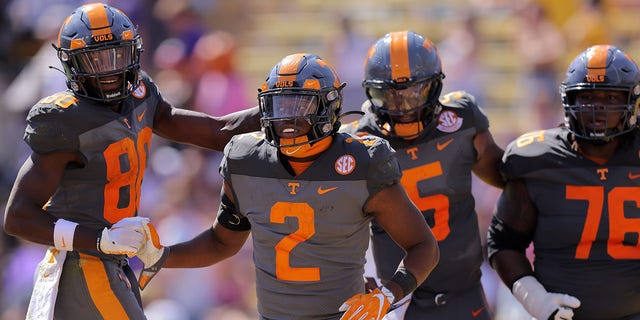 Jabari Small (2) of the Tennessee Volunteers celebrates a touchdown during the second half against the LSU Tigers at Tiger Stadium on Oct. 8, 2022, in Baton Rouge, Louisiana.