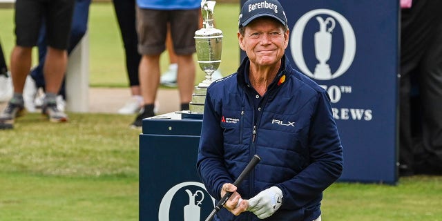 Tom Watson on the Claret Jug on the first tee during the Celebration of Champions Challenge during practice for the 150th Open Championship at The Old Course, St Andrews, Scotland, 11 July 2022 I am smiling as I pass by. 