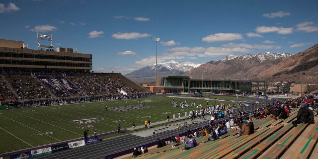 The members of the Weber State Wildcats and Northern Arizona Lumberjacks play during their game on March 27, 2021 at Stewart Stadium in Ogden, Utah.