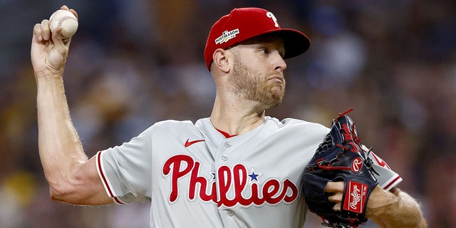 Zack Wheeler #45 of the Philadelphia Phillies pitches during the fourth inning against the San Diego Padres in game one of the National League Championship Series at PETCO Park on October 18, 2022 in San Diego, California.