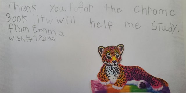 A thank-you note is shown here from a child named Emma, who received a Chromebook from a One Simple Wish donor.