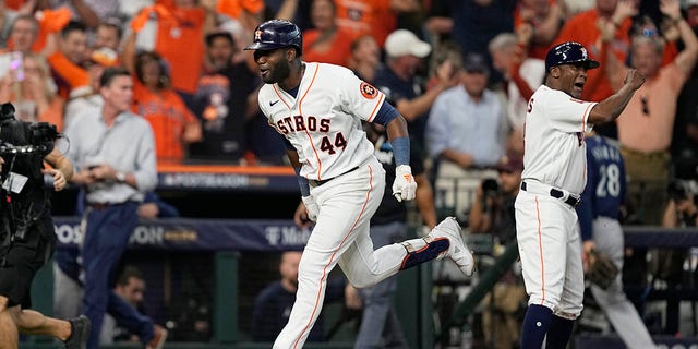 Houston Astros designated hitter Yordan Alvarez (44) celebrates with teammates after his three-run, walkoff home run against the Seattle Mariners during the ninth inning in Game 1 of an American League Division Series baseball game in Houston, Tuesday, Oct. 11, 2022.