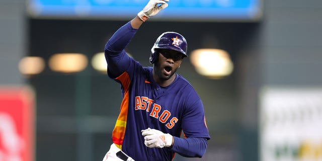 Yordan Alvarez of the Houston Astros runs the bases after hitting a two-run home run against the Seattle Mariners during the sixth inning in Game 2 of an American League Division Series at Minute Maid Park Oct. 13, 2022, in Houston.