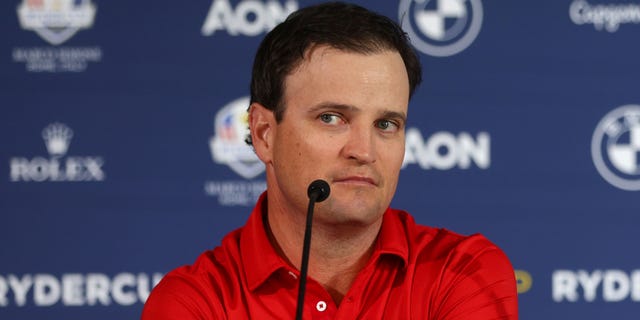 Zach Johnson of The United States talks to the media in a press conference during the Ryder Cup 2023 Year to Go Media Event at Marco Simone Golf Club on October 04, 2022 in Rome, Italy.