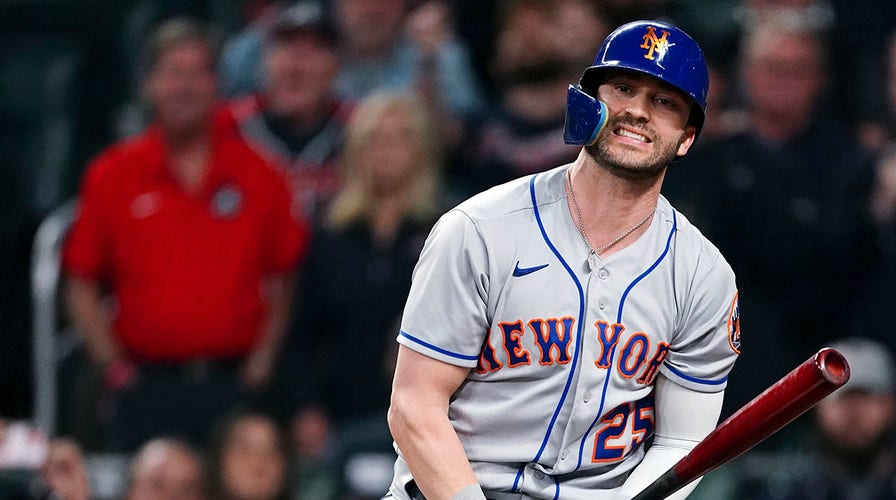 New York Mets' Tyler Naquin watches his home run during the second inning  of the team's baseball game against the Atlanta Braves on Thursday, Aug. 4,  2022, in New York. (AP Photo/Frank