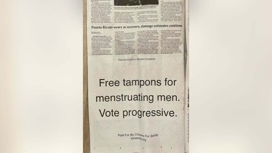 Photo of a newspaper satirical ad mocking progressive ideals.