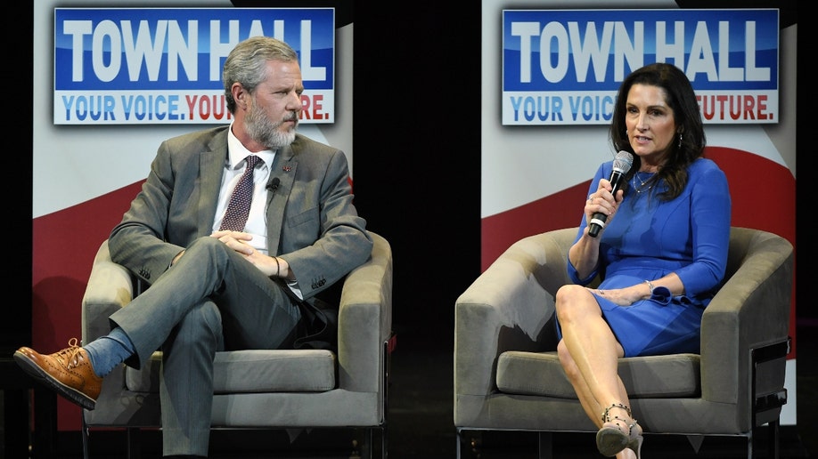Jerry Falwell Jr. and wife Becki Falwell speak at a conference