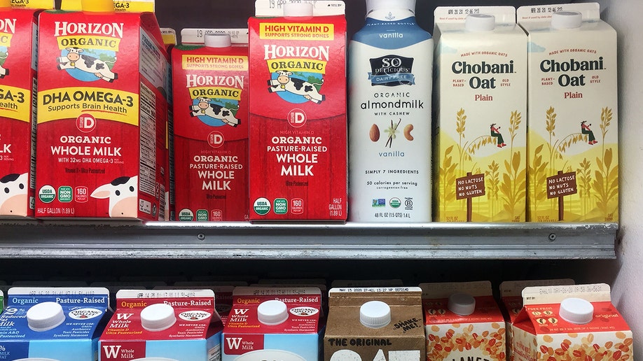 Dairy milk alternatives, including oat milk and almond