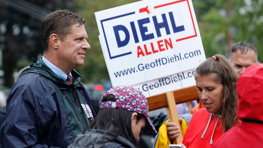 A photo of Geoff Diehl next to a campaign sign