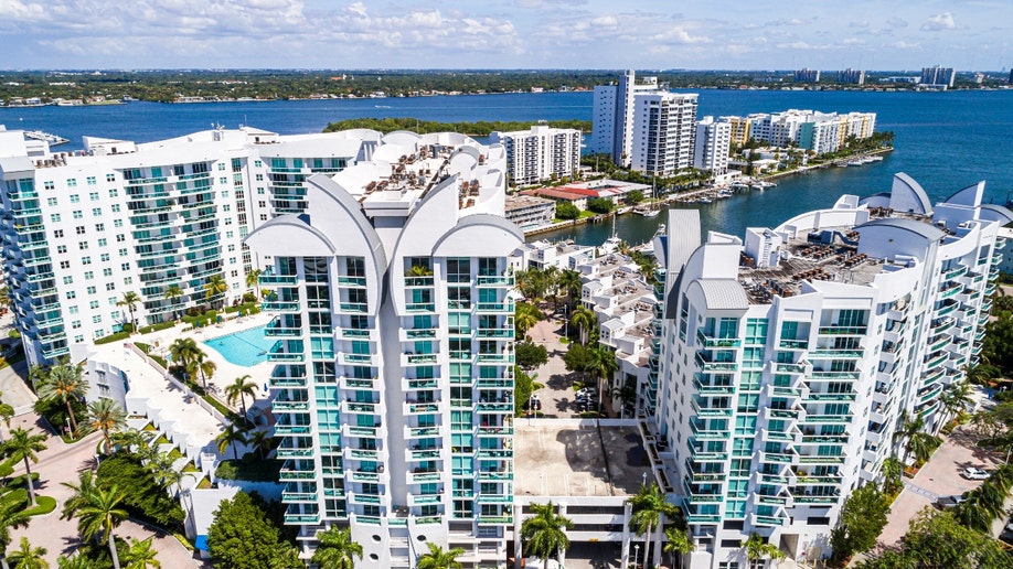 North Bay Village Florida,Miami Biscayne Bay,aerial overhead view from above.