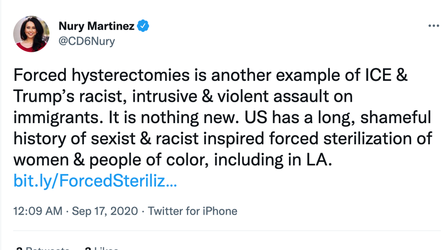 Screen shot of tweet from Nury Martinez calling Trump policies "racist"