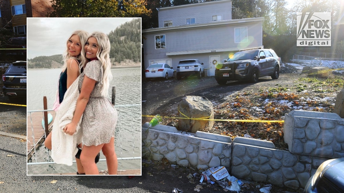 A photo of Madison Mogen and Kaylee Goncalvez superimposed on a photo of their home in Moscow, Idaho