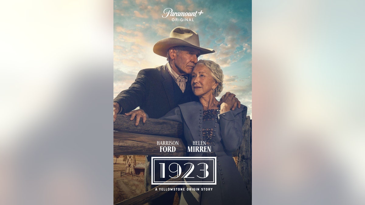 Helen Mirren looks pensive off in the distance while Harrison Ford stares off in the other direction with a cowboy hat on in new promotional photo for "1823"