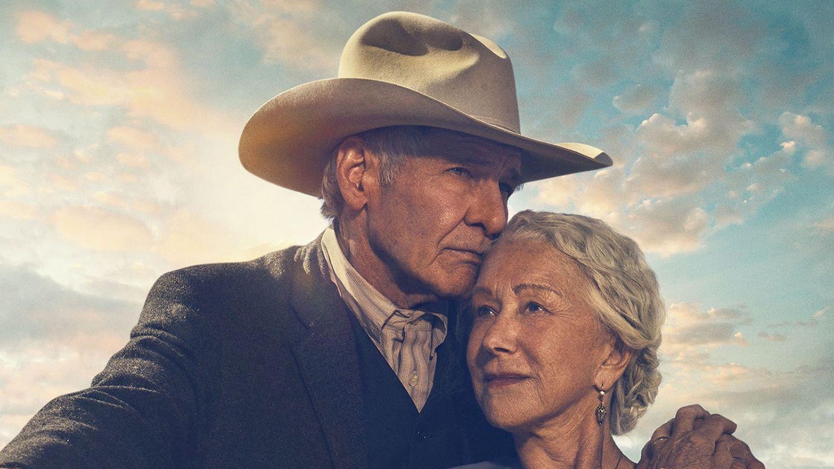 Helen Mirren looks pensive off in the distance while Harrison Ford stares off in the other direction with a cowboy hat on in new promotional photo for "1823"