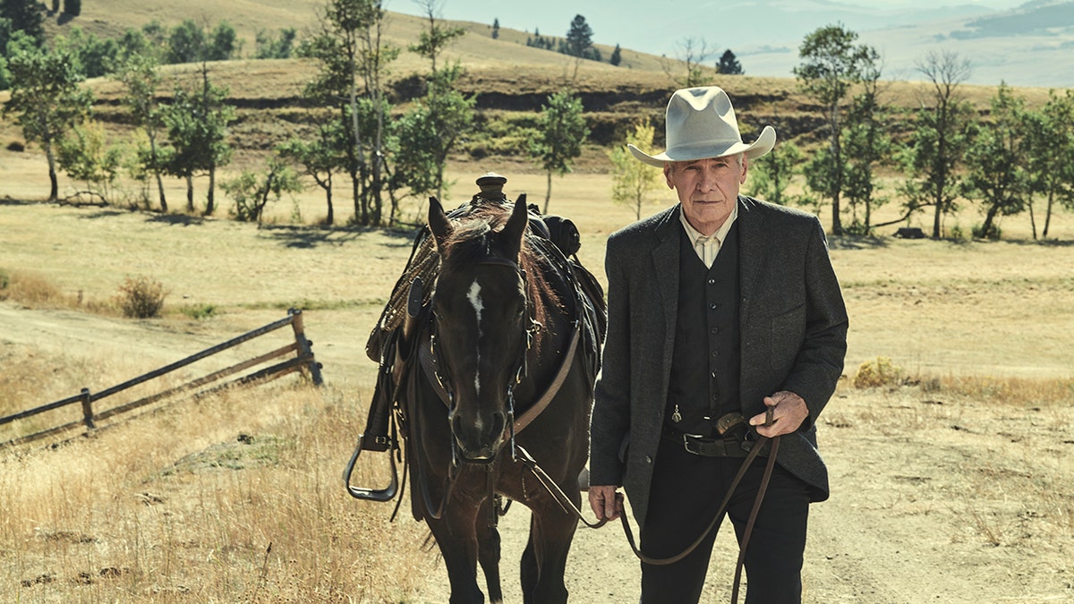 Harrison Ford leads a dark brown horse towards the camera 