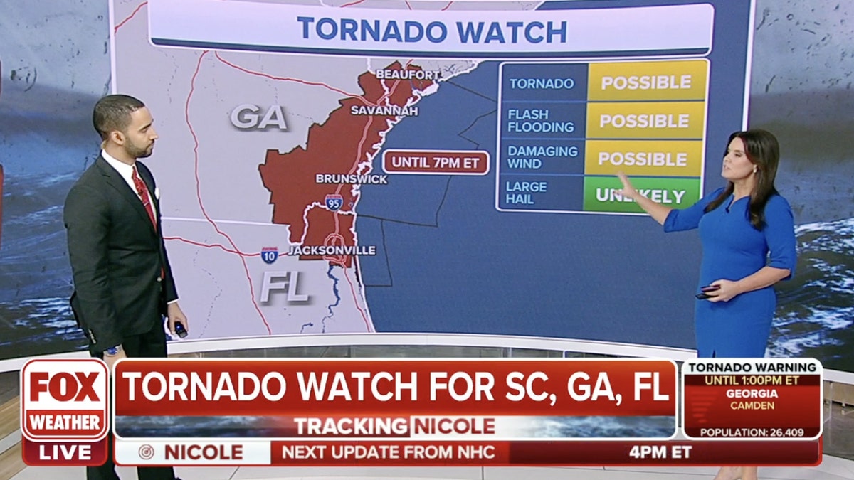 Fox Weather map showing tornado watch from Nicole