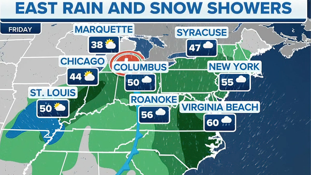 Weather map showing rain and snow showers