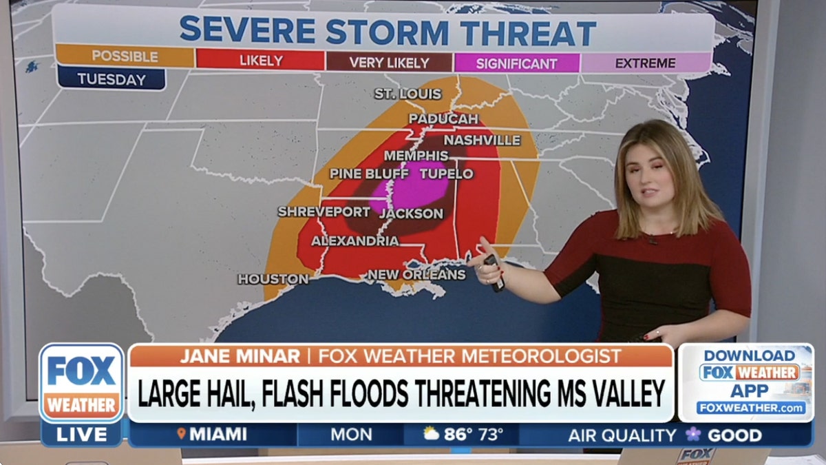 Fox Weather reporter standing in front of map showing severe weather threat in South