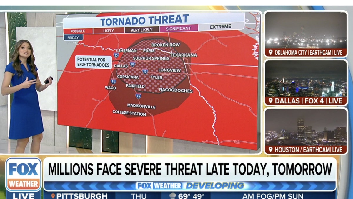 Fox Weather reporter standing in front of map showing tornado threat