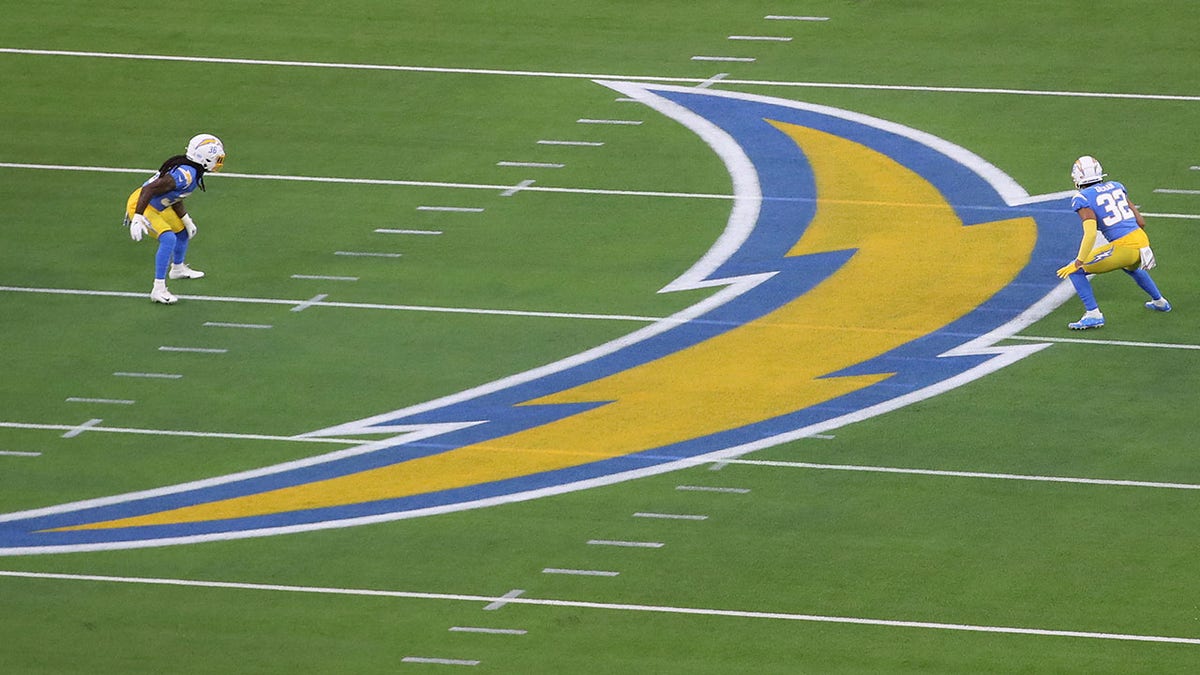 A kickoff during a football game between the Las Vegas Raiders and Los Angeles Chargers at SoFi Stadium