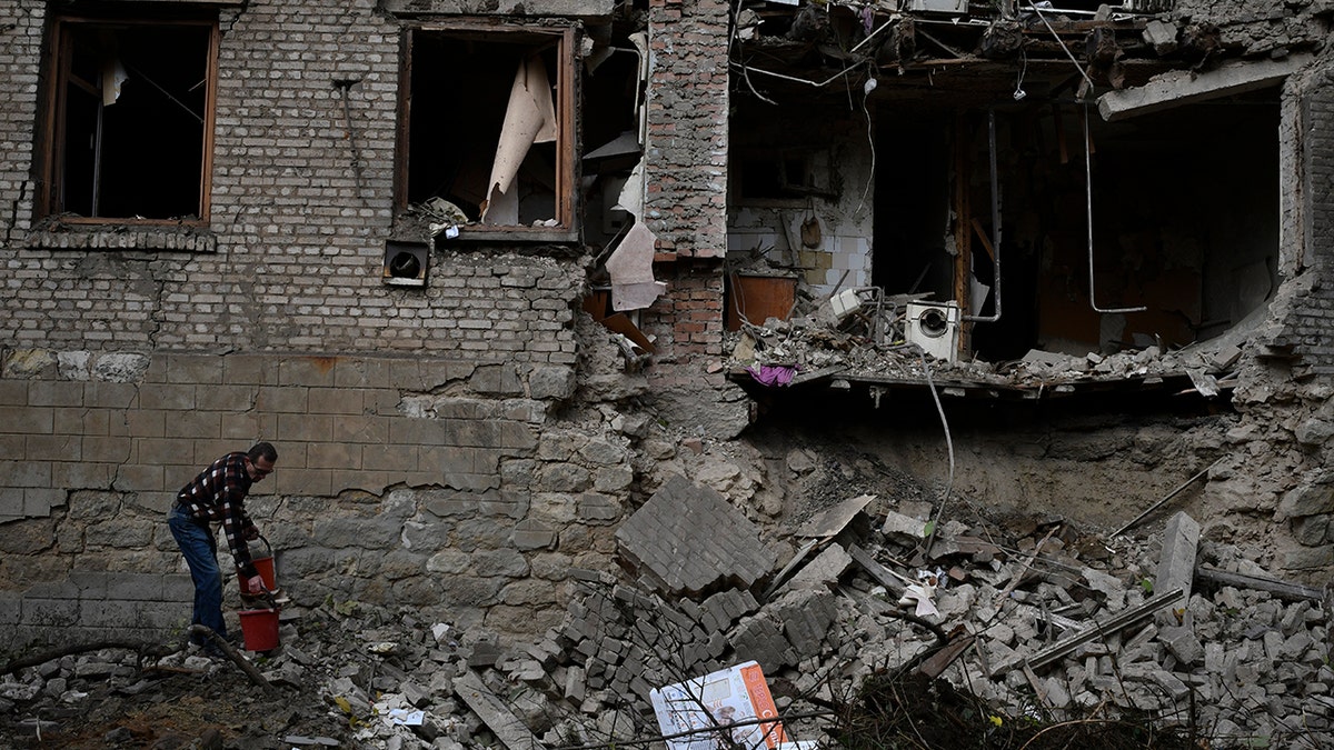 A destroyed Ukrainian building