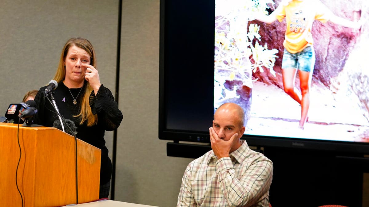 Gabby Petito's mother Nichole Schmidt, speaks at news briefing