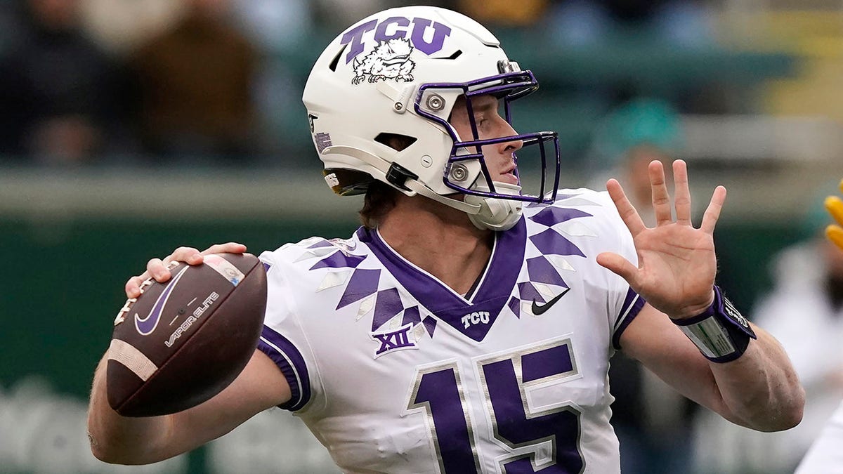 TCU quarterback Max Duggan passes against Baylor