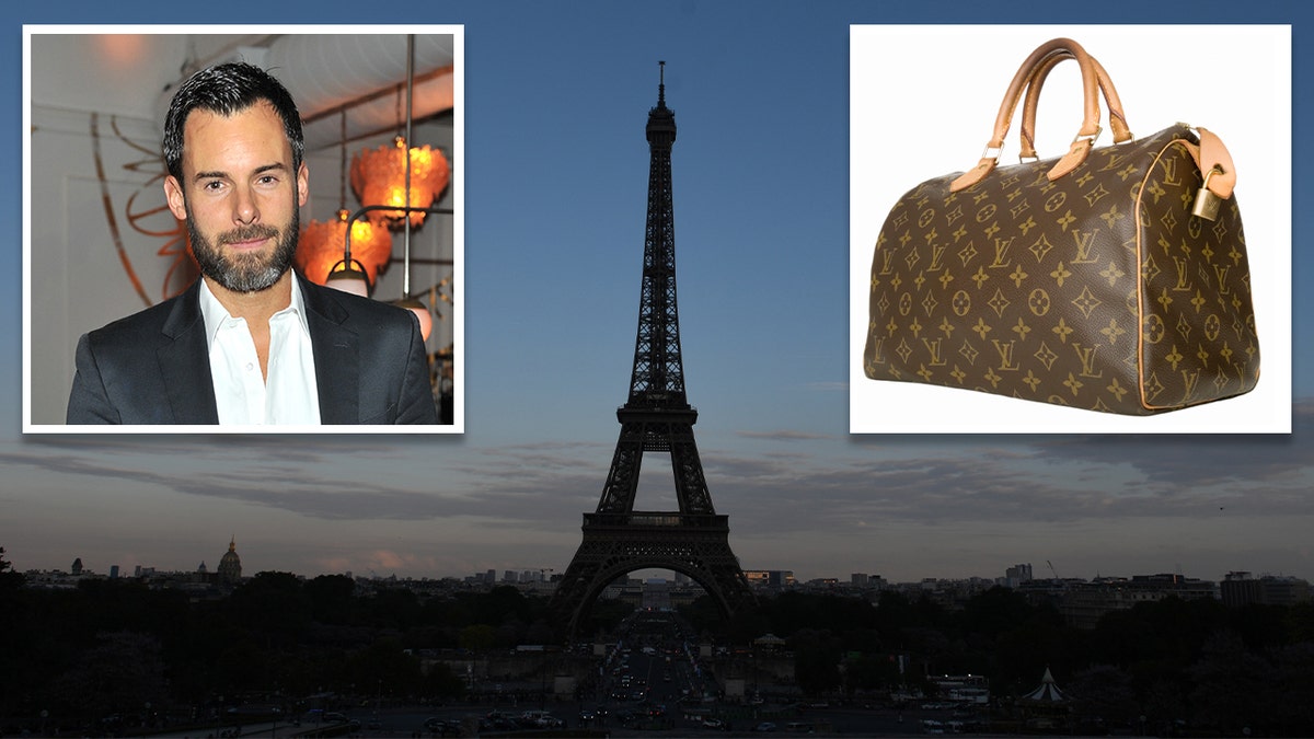 Eiffel Tower with Benoit-Louis Vitton, left inset and LV handbag, right