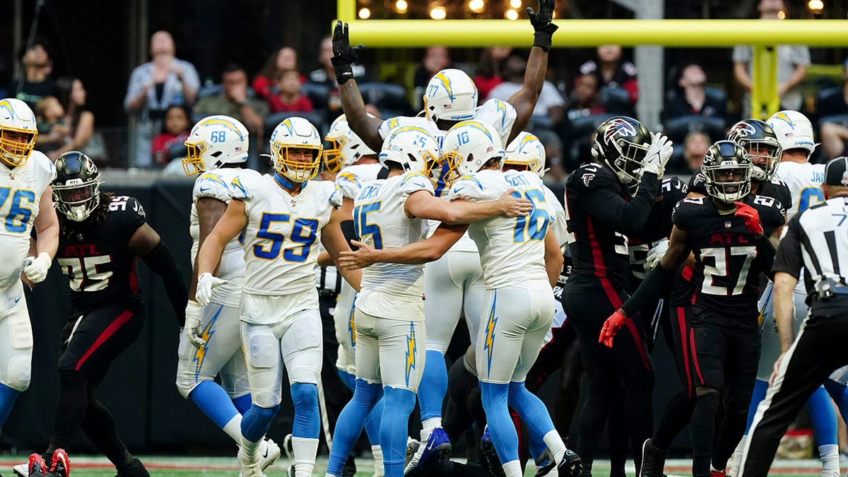 ATLANTA, GA - NOVEMBER 06: Los Angeles Chargers place kicker Cameron Dicker  (15) kicks a filed goal during the Sunday afternoon NFL game between the  Atlanta Falcons and the Los Angeles Chargers