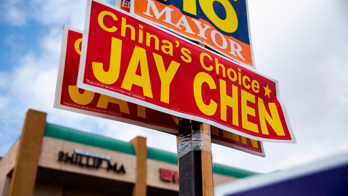 An anti-Jay Chen campaign sign reads: China's choice Jay Chen