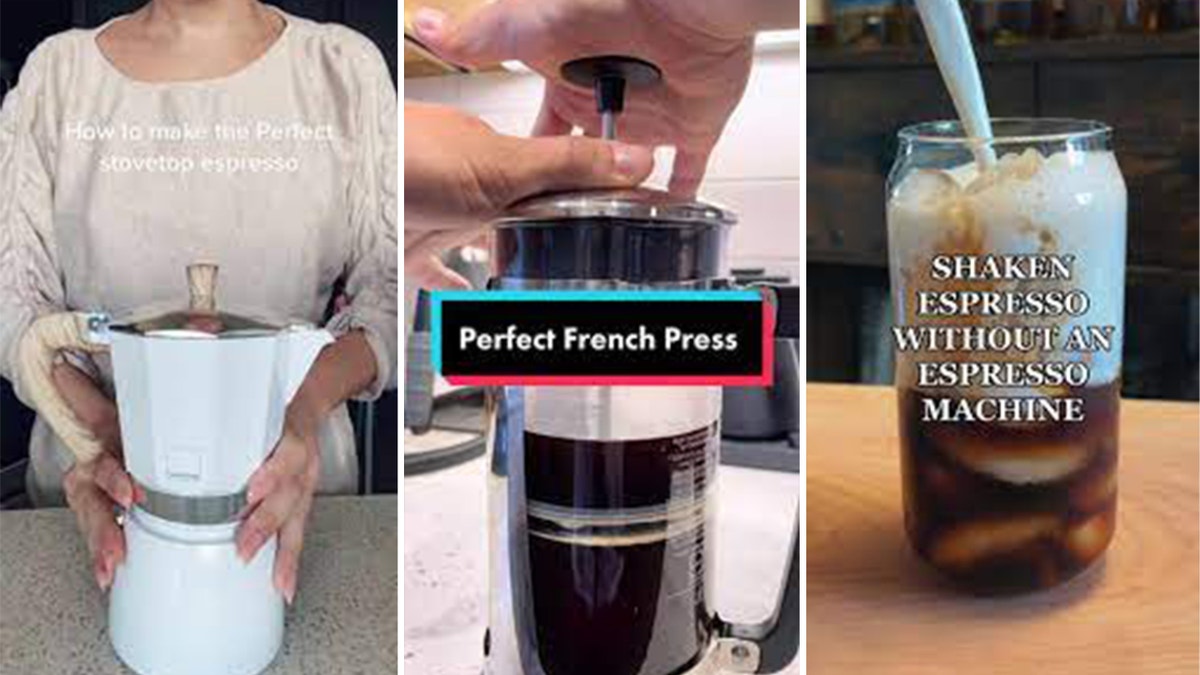 Side-by-side photos of TikTok users making coffee with a moka pot, French press and AeroPress