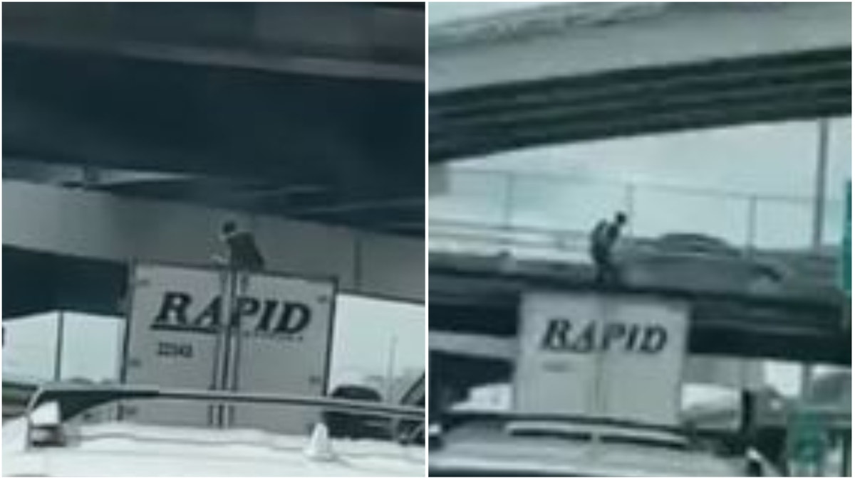 Screenshots from video of Texas man dancing on truck