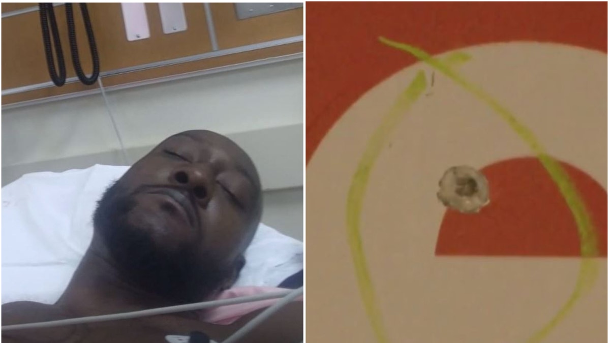 Quinzel Kane on hospital bed, left, bullet hole show at right