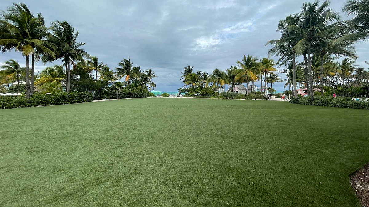 Manicured grass with ocean backdrop