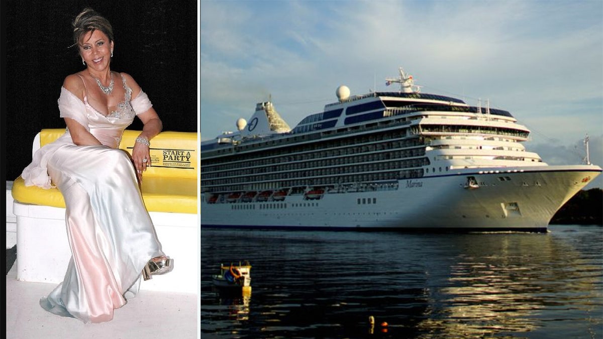 A split of Dilek Ertek, left, wearing a gown beside a file photo of a Norwegian cruise ship.