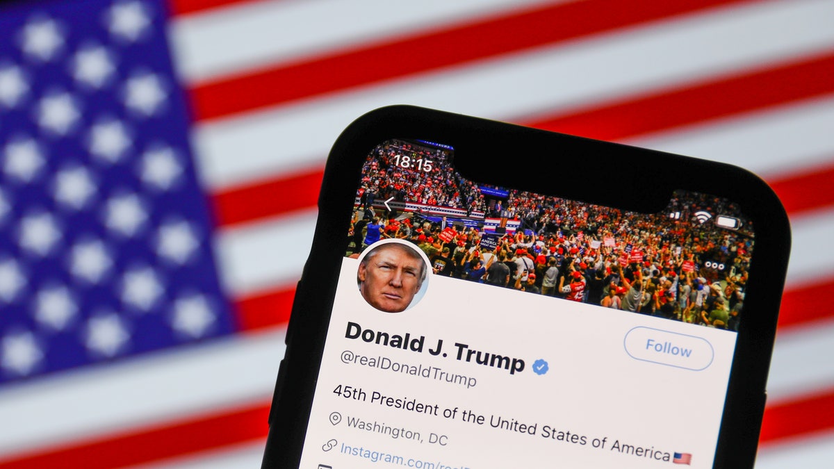 Donald Trump Twitter's twitter with an American flag in the background